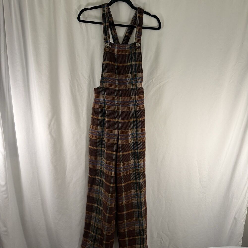 New Cider Jumpsuit Women's XS Brown Plaid Overall Cotton Blend Zip Back 29" In